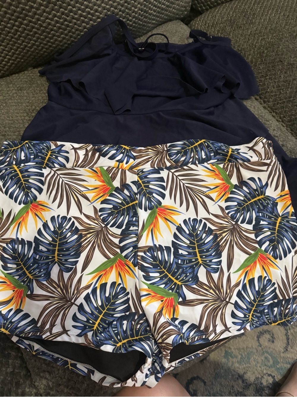 Navy Ruffle Tankini with Tropical Leaf Print Swim Shorts